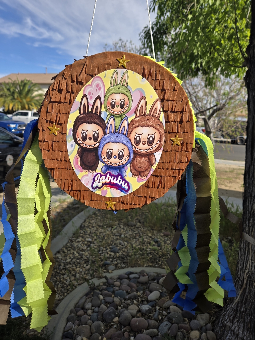 Labubu Character Hanging Piñata - Brown with Blue & Lime Streamers
